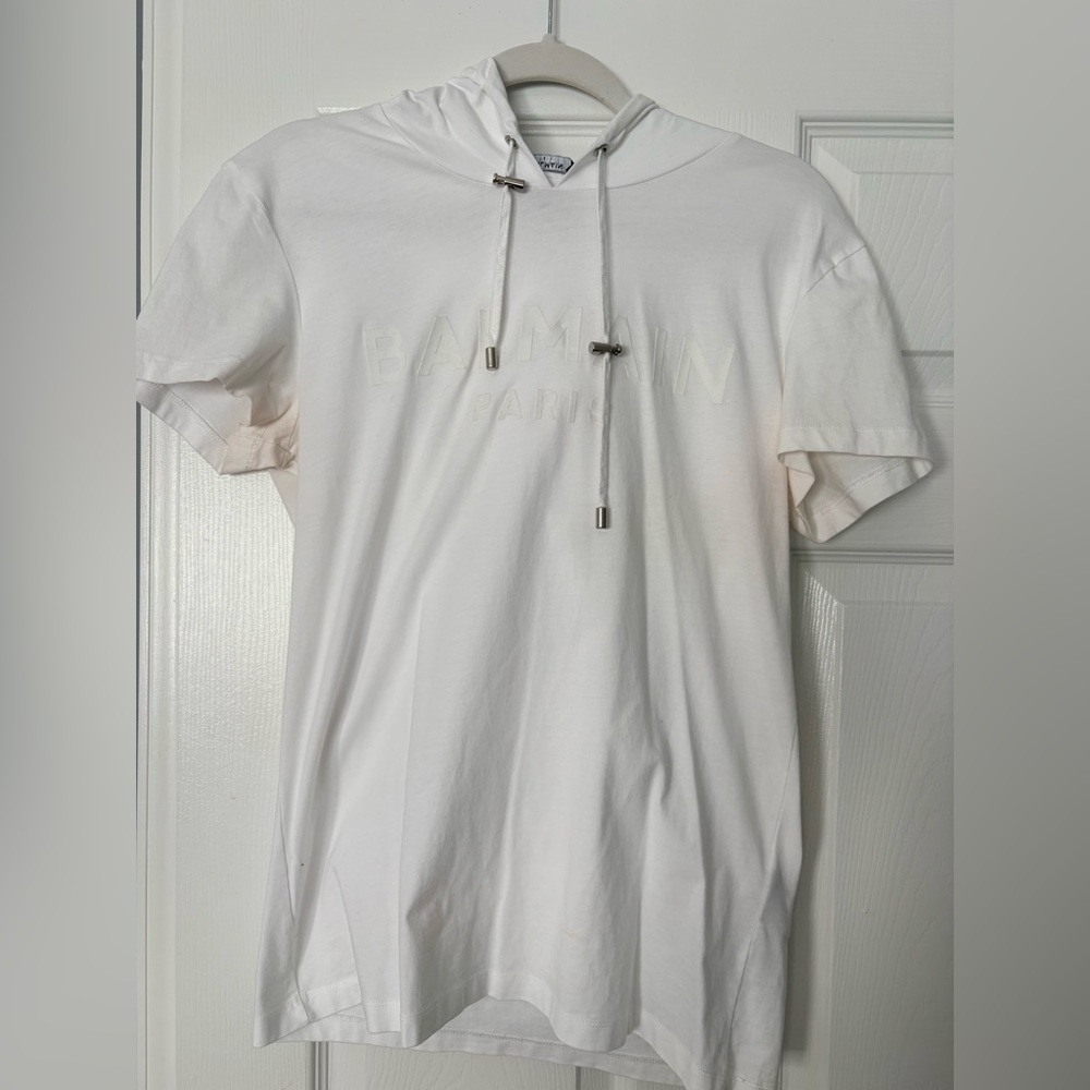 Balmain Paris White Short Sleeve Hoodie | Embossed Logo | Size S